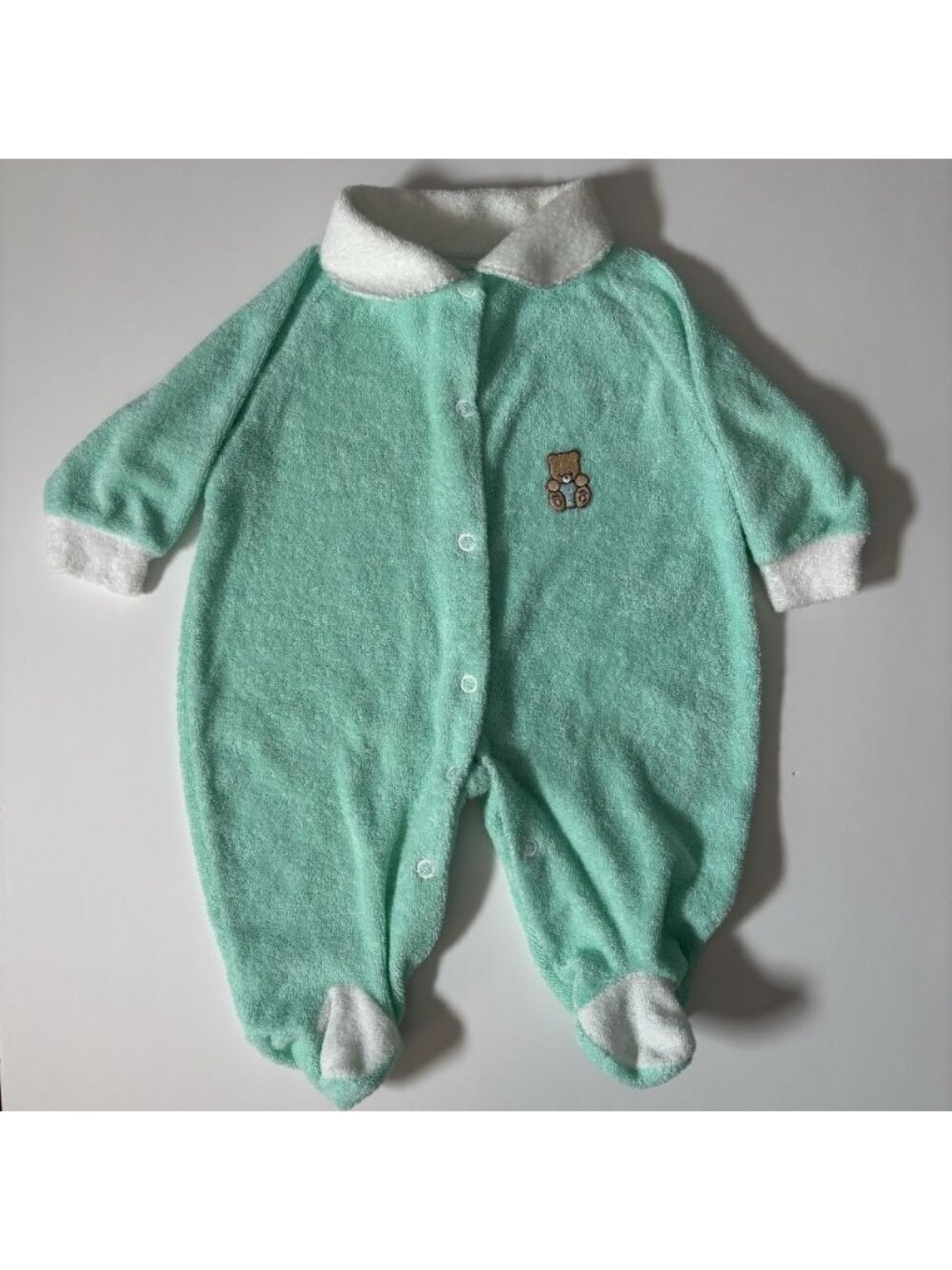 70s Vintage Terrycloth Embroidered Teddy Bear Mint Green Baby Sleeper NB 11LBS